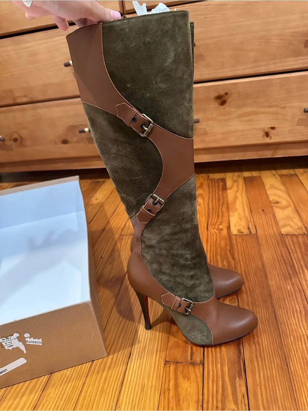 Christian Louboutin Canassone 100 mm Brown Leather & Olive Suede Knee-High Boot